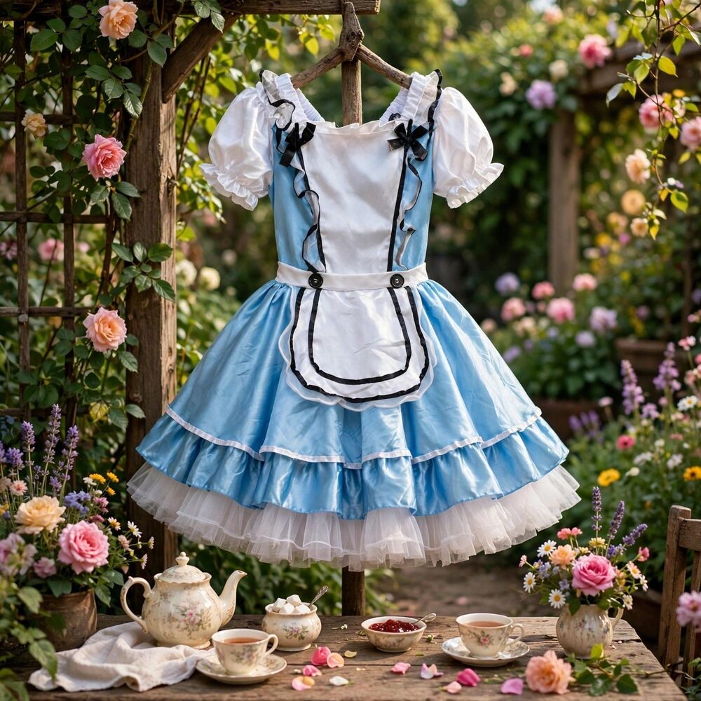 Alice in Wonderland Blue Dress Costume White Apron Crinoline Womens S Small C262